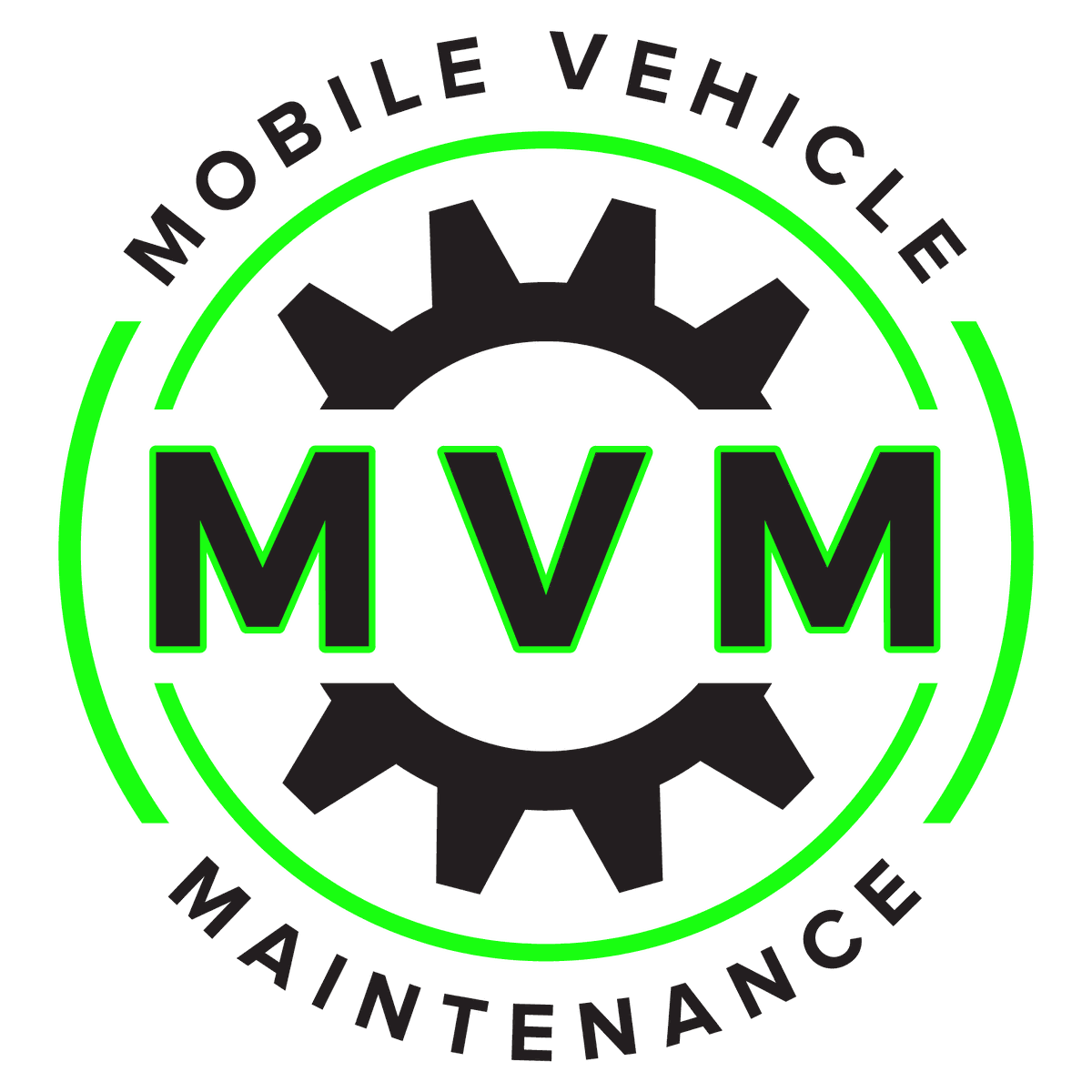 Mobile Vehicle Maintenance logo: a black gear with the letters MVM inside a green ring